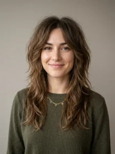 Medium length wolf cut with soft choppy layers and volume