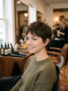 Textured bixie haircut combining a pixie and bob shape