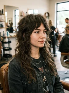 Woman with long layered hair and a thick choppy fringe in a dramatic rocker style.