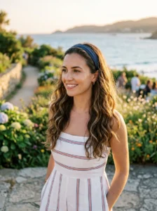 Loose wavy hair with a thin blue headband for a simple 4th of July look.