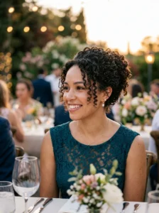 Curly short hair styled into a voluminous updo