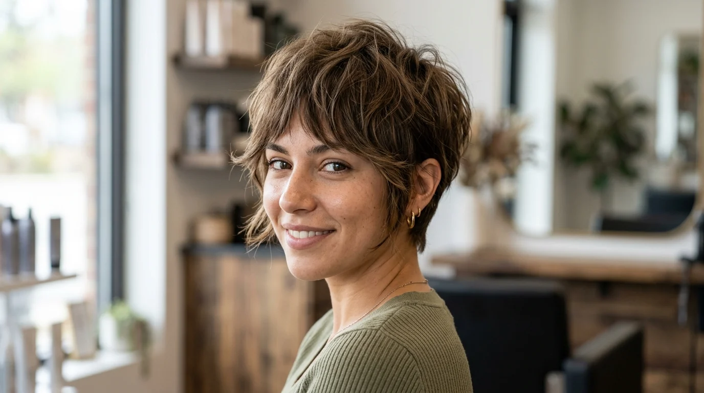 Woman wearing a short pixie wolf cut with textured layers and face-framing pieces