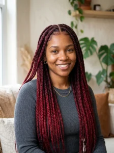 Long red box braids in a rich burgundy-cherry shade