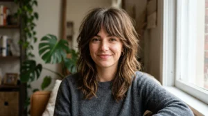 Woman wearing a modern shag haircut with choppy layers, crown volume, and textured ends
