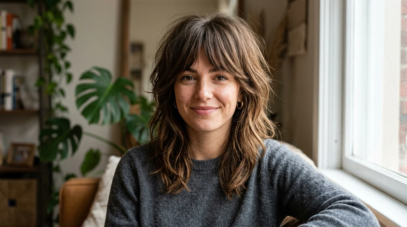 Woman wearing a modern shag haircut with choppy layers, crown volume, and textured ends
