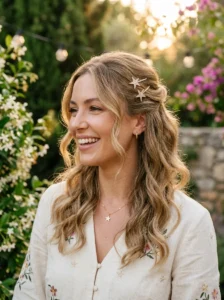 Half-up hairstyle decorated with small star-shaped hair clips.