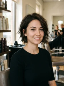 Woman with a short textured bob featuring choppy uneven ends and rocker-inspired styling.