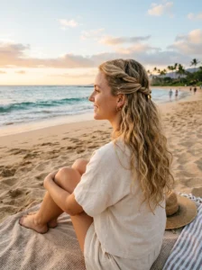 Braided crown hairstyle with loose wavy hair for the beach.
