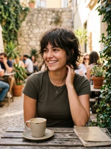 Woman wearing a textured short wolf cut with natural movement