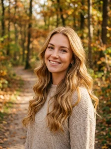 Woman with warm honey blonde hair and rich golden undertones.