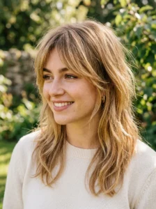 Dimensional warm blonde color emphasizing the layers of a wolf cut