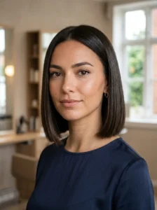 Woman wearing a sleek 90s bob suited to her face shape