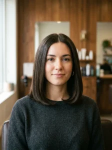 Medium length blunt haircut with a subtle curved hemline