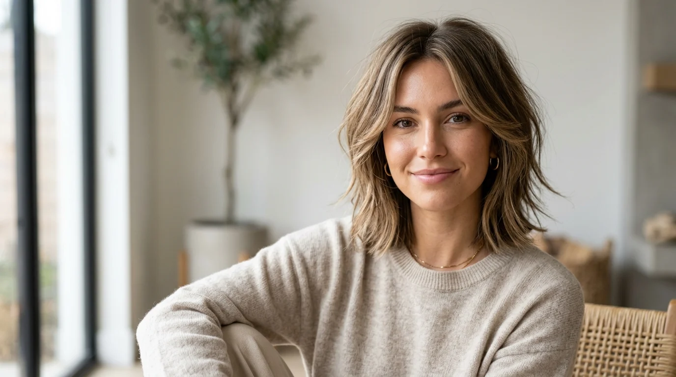 Woman wearing a textured bob wolf cut with layered ends and face-framing pieces
