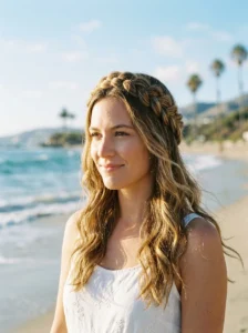 Woman wearing a relaxed low ponytail with face-framing pieces at the beach.