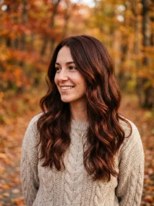 Woman with rich deep chestnut brown hair and warm reddish undertones.