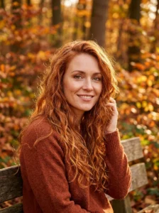 Woman with vivid copper red hair and warm autumn-inspired tones.