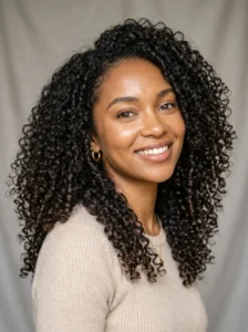 Woman with defined Type 3 curly hair in a natural wash-and-go hairstyle