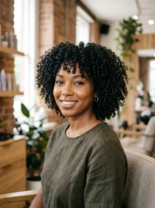 Natural curly bob hairstyle on 4A to 4B textured hair.