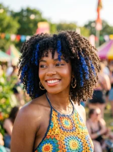 Temporary blue hair color accents in face-framing sections.