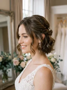 Low twisted half-updo for short bob hair