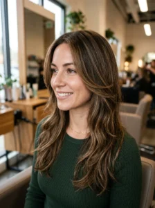 Woman styling long layered hair with a round brush and blow dryer