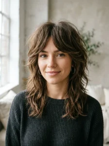 Layered rocker-inspired haircut with volume, texture, and choppy ends
