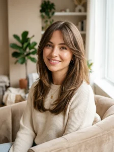 Curtain bangs adding face-framing movement and volume to flat hair.