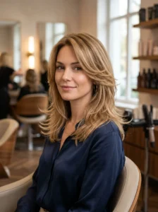 Soft feathered layers adding gentle volume and movement to fine hair.