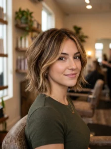Woman styling the textured layers of a bob wolf cut with a curling wand