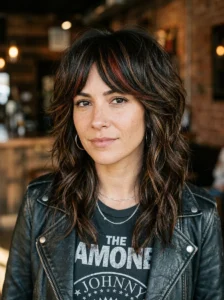 Dimensional rocker hairstyle with dark hair, highlights, and textured layers