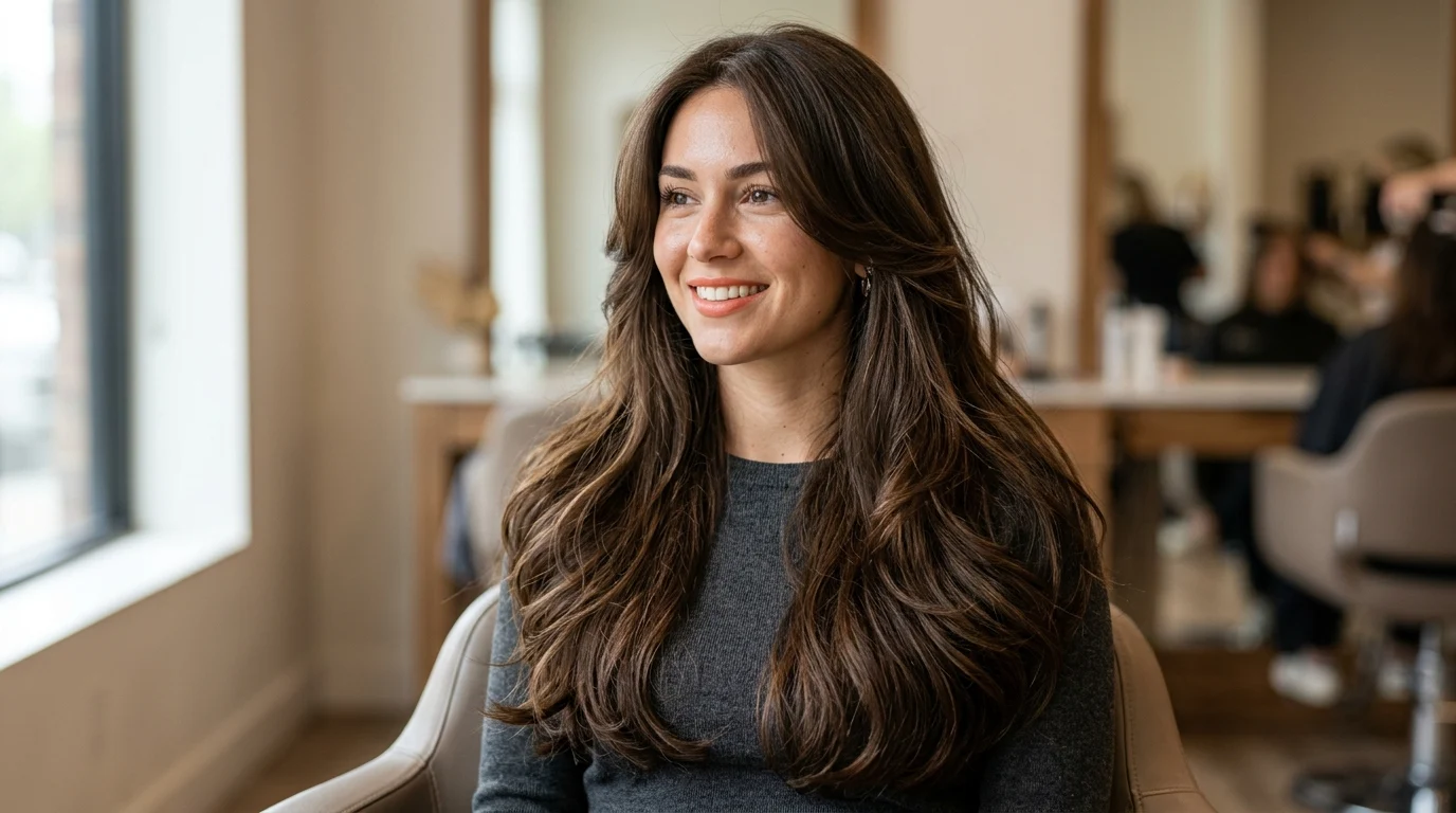 Woman with long layered hair showing movement while keeping overall length