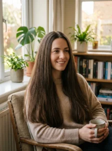 Long one-length haircut with no layers for easy daily maintenance