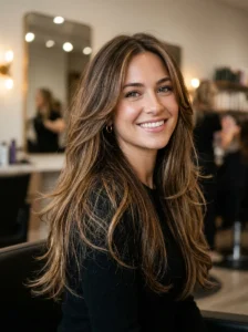 Long layers adding movement volume and face framing to long hair
