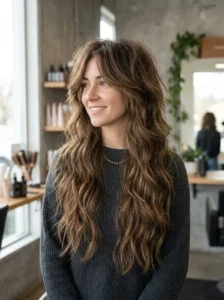 Long layered hair with soft curtain bangs