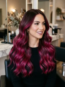 Two-tone hairstyle with bright pink hair on one side and purple on the other.