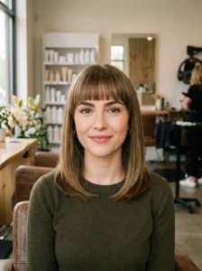 Medium length haircut paired with full blunt bangs