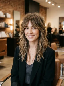 Modern shag haircut with choppy layers and volume for flat hair.