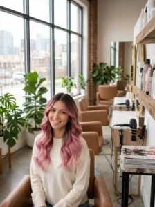 Natural brunette roots blending into a medium pink ombre hairstyle.