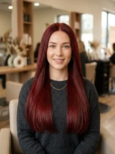 Long sleek straight red weave with a glossy finish