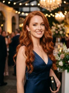 Red weave hair styled in elegant waves with gold accessories