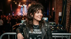 Woman with a voluminous textured rocker hairstyle and choppy bangs