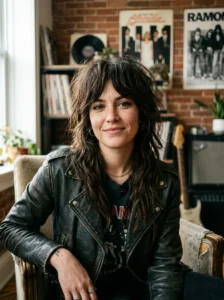 Woman with a heavily layered classic shag haircut and textured rocker-inspired styling.
