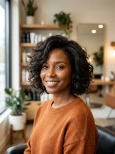 Short natural bob styled with defined finger coils.