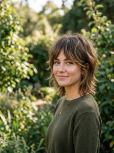 Stylist trimming the layered shape of a short wolf cut