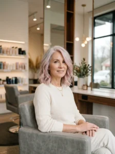 Silver grey hair with a delicate soft pink balayage.