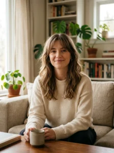 Simple haircut with soft curtain bangs framing the face
