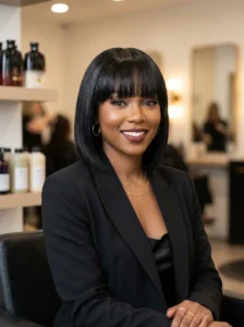 Layered short bob creating extra movement and volume on textured hair.