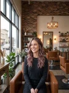 Dusty mauve balayage blended naturally into dark blonde hair.