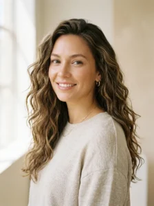 Woman with straight Type 1 hair styled in a sleek low ponytail